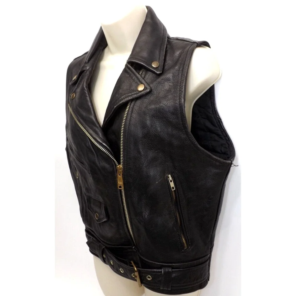 Leather Men Real Leather Heavy Black Motorcycle vest - LADIES size LARGE